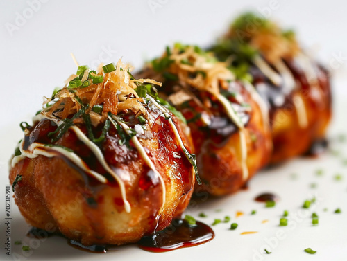 Takoyaki is isolated on a white background in a minimalist style. 