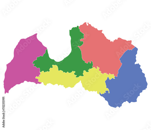 Latvia map. Map of Latvia divided into five main regions