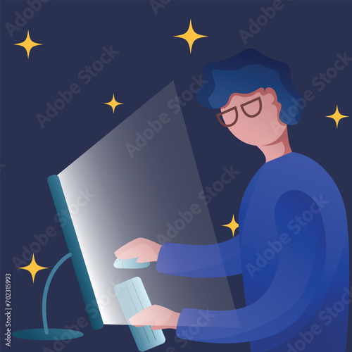 character works at night at the computer