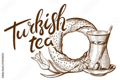 Hand Drawn sketches of Glass of Turkish Tea, and Bagel. Food Symbols of Istanbul with lettering Turkish Tea.