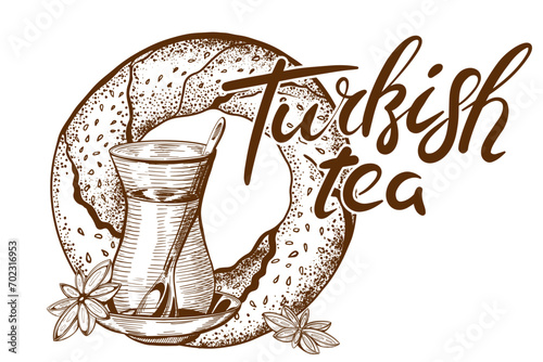 Hand Drawn sketches of Glass of Turkish Tea, and Bagel. Food Symbols of Istanbul with lettering Turkish Tea.