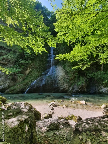 Calm and relaxing scenery: Idyllic waterfall at crystal clear water mountain stream in amazing landscape. Hundsbachfall near Eibenboden in Ötscherland in Lower Austria
 photo