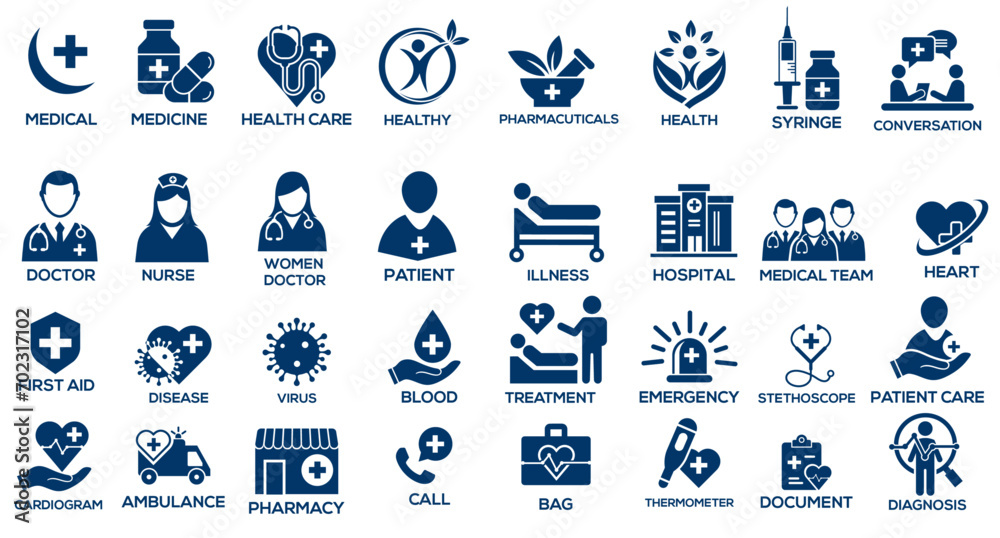 medical, medicine, hospital, health, doctor, care, nurse, clinic, stethoscope, treatment, health care, emergency, pharmacy, illness, heart Icon set vector.
