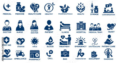 medical, medicine, hospital, health, doctor, care, nurse, clinic, stethoscope, treatment, health care, emergency, pharmacy, illness, heart Icon set vector.
