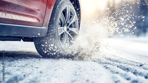 car's tire on a snowy road, with snowflakes scattering around as the vehicle moves, highlighting the interaction between tire treads and the winter conditions