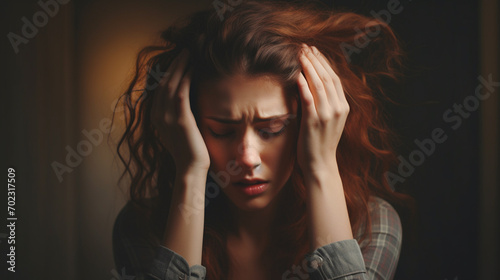 Burnout and breakdown. A woman suffers from migraines, stress and depression.