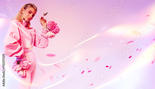 Horizontal banner of beautiful blonde woman in pink jacket with pink peonies and flying petals