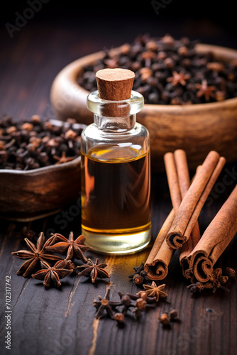 bottle, cans of cinnamon and clove extract essential oil