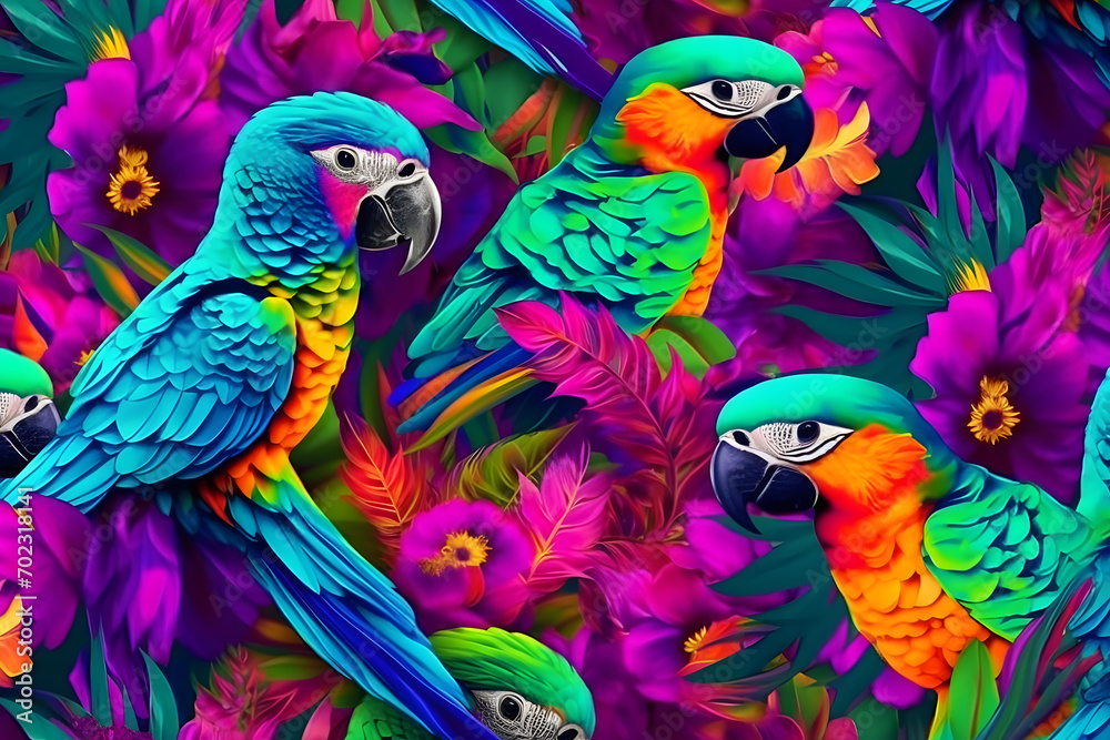 beautiful rainbow parrots and flowers on a black background. Neural network AI generated art