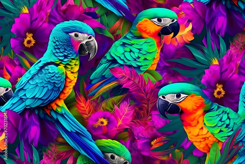 beautiful rainbow parrots and flowers on a black background. Neural network AI generated art