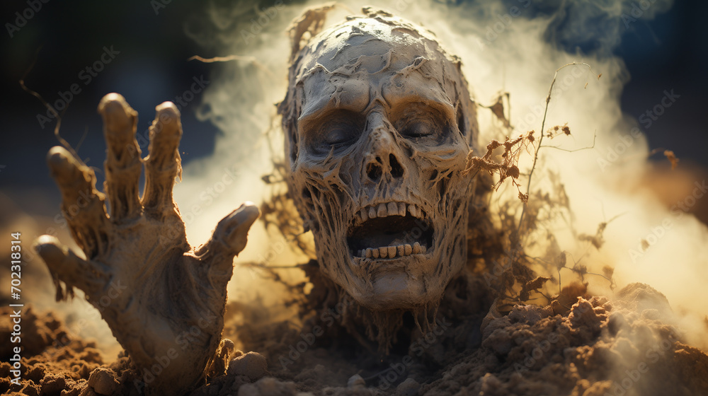 Obraz premium scary Halloween skull, Zombie hand emerging from the earth during the day