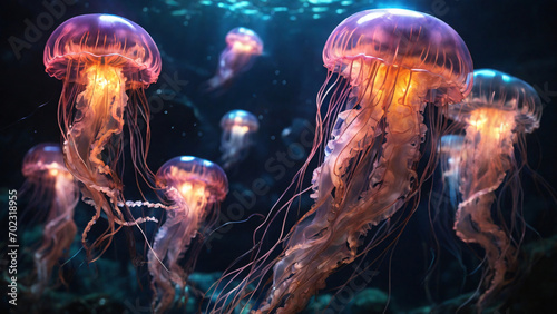 KI Unterwasser Biolumineszenz, schwebende Quallen 