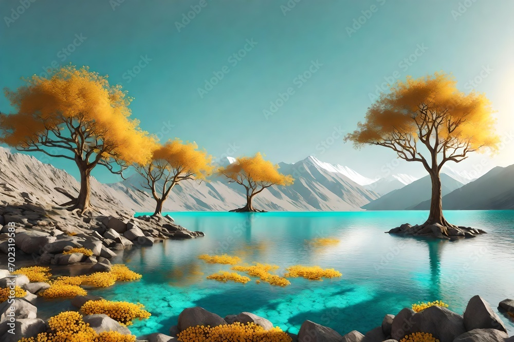 3d illustration wallpaper landscape art. brown trees with golden flowers and turquoise mountains in light gray background with white clouds.