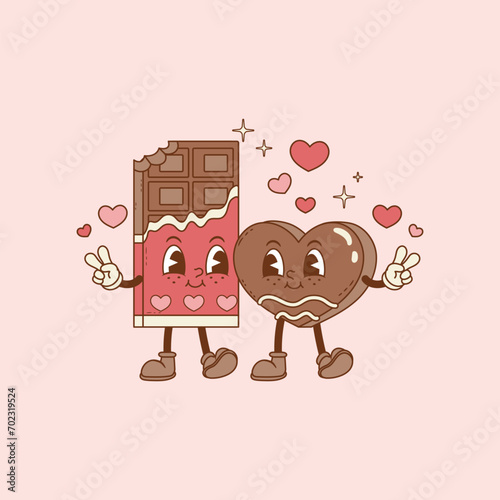 retro illustration of chocolate bar and chocolate chocolate bonbon in love and hearts