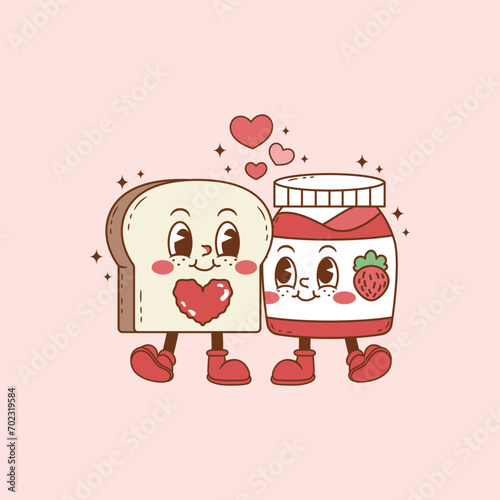retro illustration of bread and jam in love and with hearts, two slices of bread in love