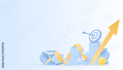 Business ideas concept. Variety elements of business startup, growth, goal setting, strategy management, tactical planning, creative thinking to achieve success. Vector illustration with copy space.