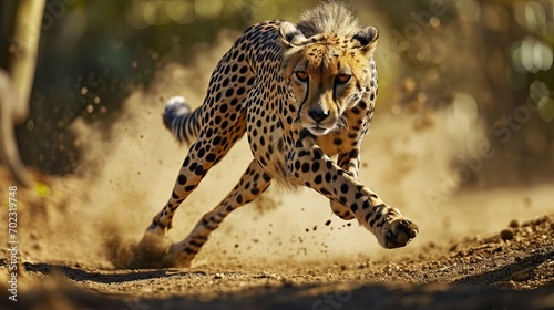 Cheetah in Mid-Run  Displaying Agility and Speed  in Natural Green and Brown Background