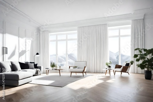 Idea of a white scandinavian living room interiro with sofa, armchair on the wooden floor and decor on the large wall and white landscape in window. Home nordic interior.