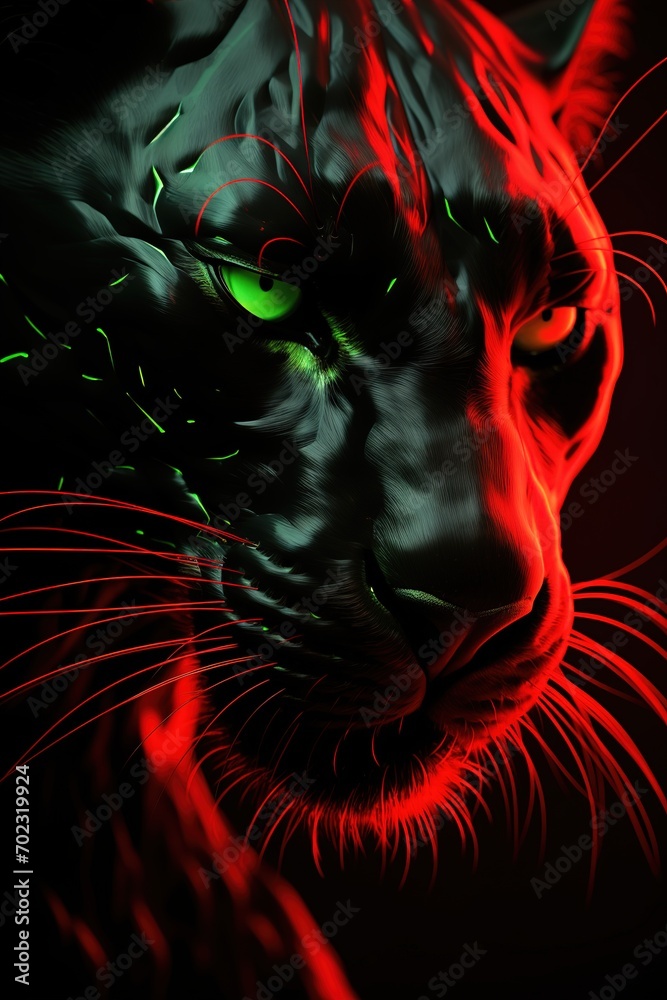 Abstract Panther close-up in red Neon lighting, green eyes, 3D, Banner, Album design, notebooks, smartphone background Abstract Panther close-up in red Neon lighting, green eyes, 3D, Banner, Album design, notebooks, smartphone background