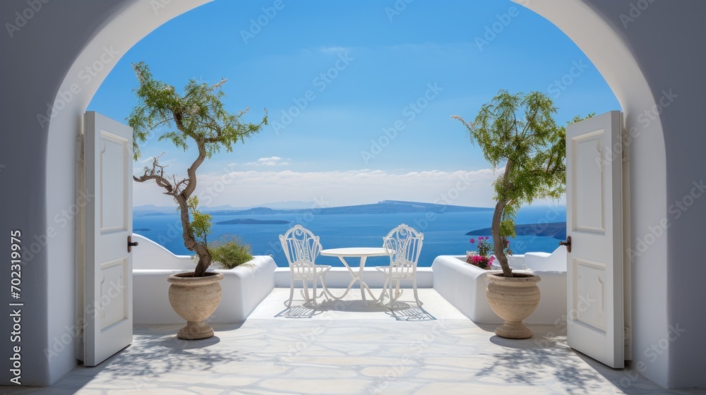 view of arched gate with a view to the sea beach living santorini island style  - obrazy, fototapety, plakaty 