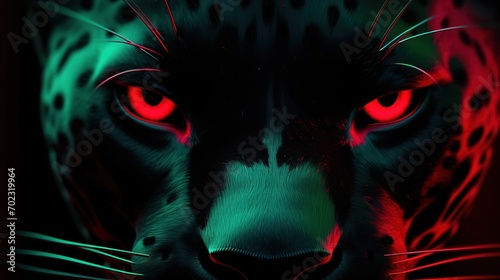 Abstract Panther close-up in red Neon lighting  green eyes  3D  Banner  Album design  notebooks  smartphone background