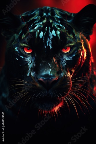 Abstract Panther close-up in red Neon lighting, green eyes, 3D, Banner, Album design, notebooks, smartphone background © Irina