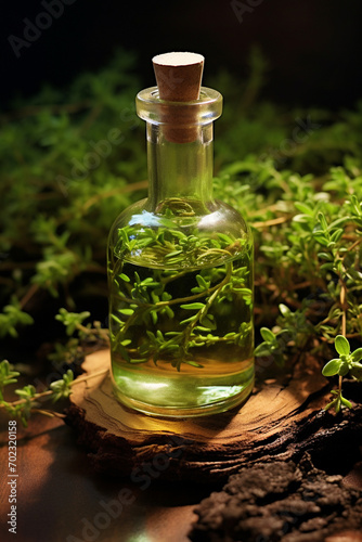 bottle, jar of thyme essential oil extract