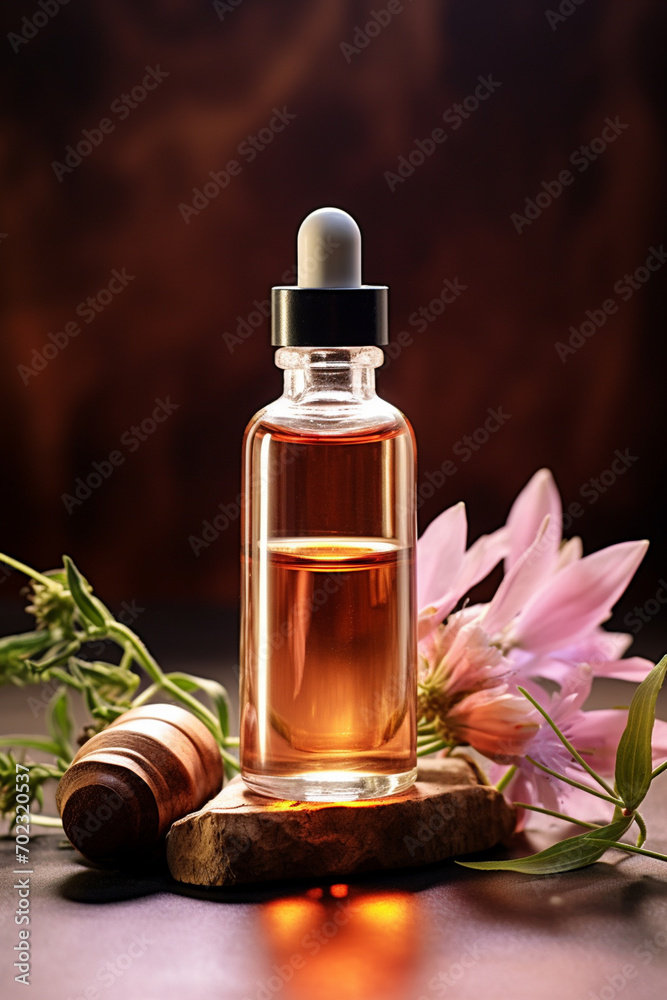 essential oils the background of the sea.Bottle of serum on the rocks on the background of the sea essential oils the background of the sea.Bottle of serum on the rocks on the background of the sea