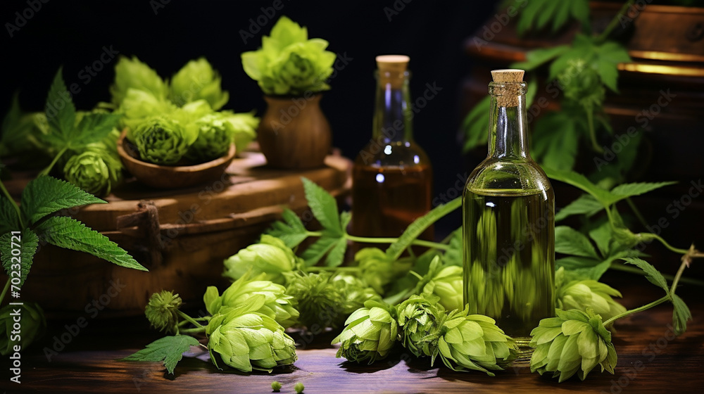 bottle, jar of hops essential oil extract,hop infusion. bottle, jar of hops essential oil extract,hop infusion.