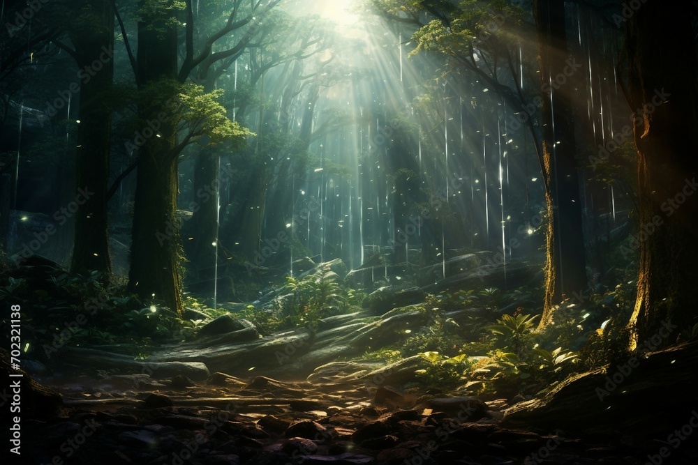 Mysterious beams of light trate the lush foliage of the mystical forest providing Fantasy art concept