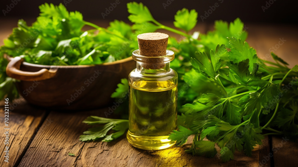 bottle, jar of parsley essential oil extract.