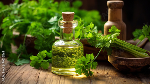 bottle, jar of parsley essential oil extract.