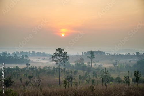 Sunrise in landscape with fog at Thung Salaeng Luang National Park