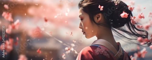 geisha twirling amidst a whirlwind of cherry blossoms, with the petals forming a mesmerizing splash effect, vibrant and engaging spring banner
