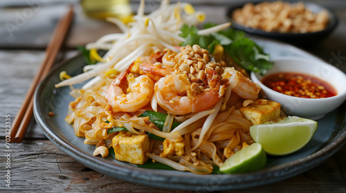 Pad Thai the strtt food of Thailand noodles with shrimp topping with peanut and vegetable likes beansprouts, garlic chive and coriander.
