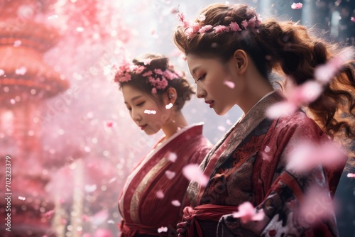 Two geishas surrounded by cherry blossoms, sense of beauty and fantasy for the spring banner