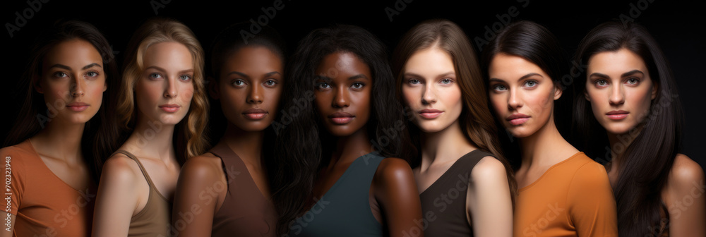 Fototapeta premium Portrait of multiethical young women standing in a row. Horizontal banner