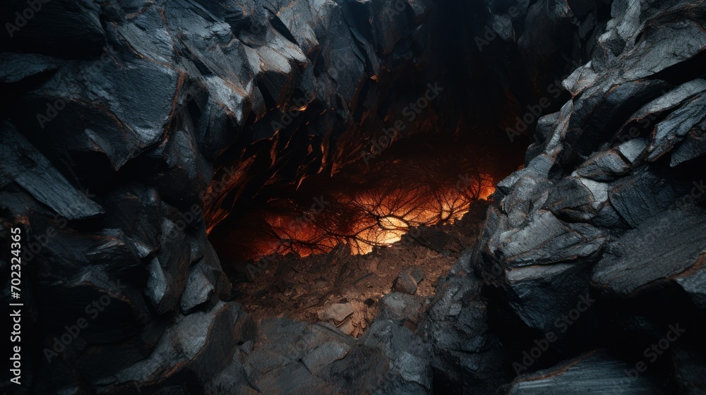 Lava Tube Cave Interior with Glowing Light. A mysterious view inside a ...