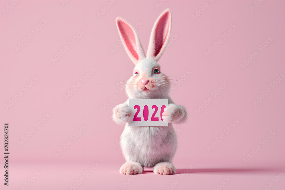 Fototapeta premium Frohes Osterfest 2026: Illustration eines fröhlichen Osterhasen mit Schild