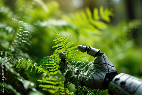 A robot arm limb touches a fern plant in the forest the interaction of technology and nature