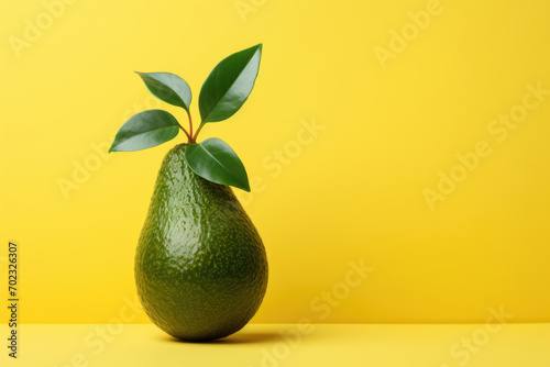 Fresh avocado with leaf on yellow background. Copy space for text