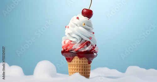 Ice cream with red cherry standing on the clounds. Blue background.