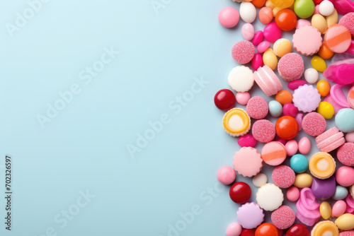 Candies of different shapes and colors on a blue background. Copy space for text