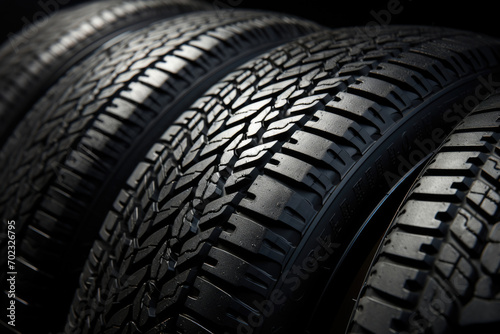 New car tires in a row in a car dealership