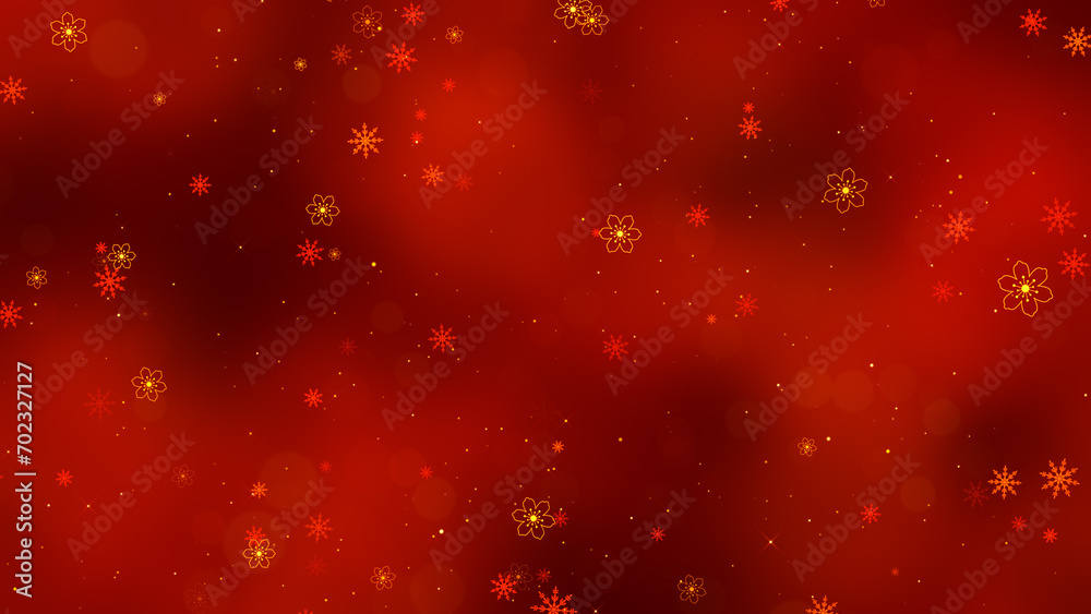 Chinese new year elements on red background, snowflakes and golden flowers, shiny glowing stars design element
