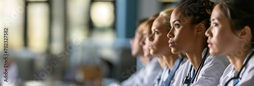 Candid shot of group of female nursing students excited about studying at college, medical colleagues at work, image with space for text. Created with Generative Ai technology.