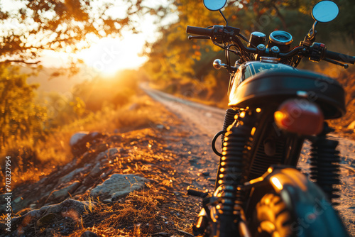 Silhouette of biker and motorcycle with sunset