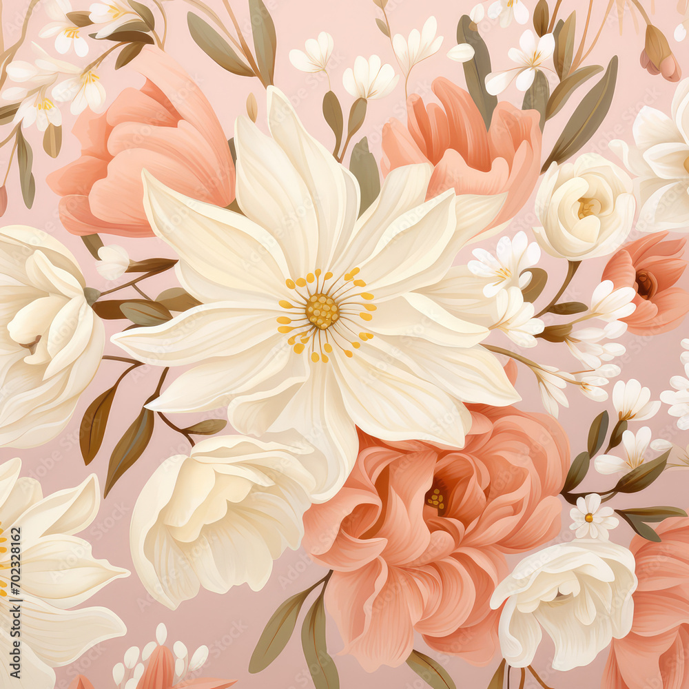 Floral patterns in white, peach, light pink, and light beige colors. Perfect for wallpapers or backgrounds.