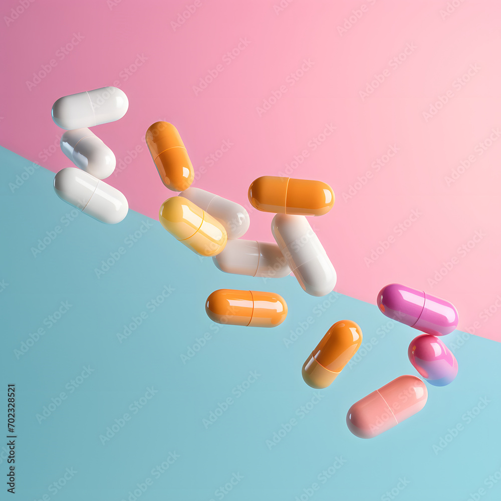 Capsules fly on a colorful background. Pastel pink and blue color. Capsules fly on a colorful background. Pastel pink and blue color.