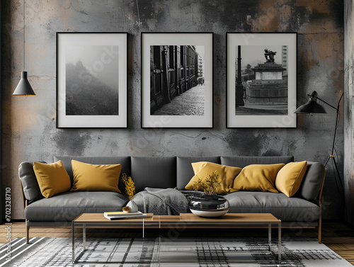 Embrace Japandi chic in this stock photo – a sunlit living room with a central couch, blending Japanese and Scandinavian aesthetics. Elevate your content with modern tranquility. Features 3 panel art